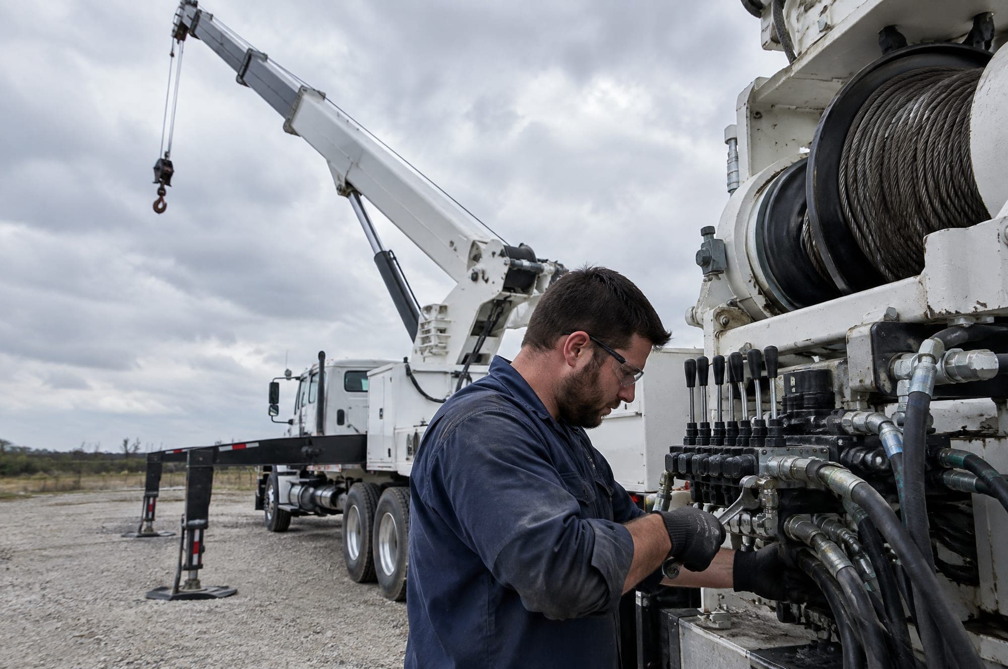 Iron Line technician servicing the hydraulic controls of a boom truck crane on a job site