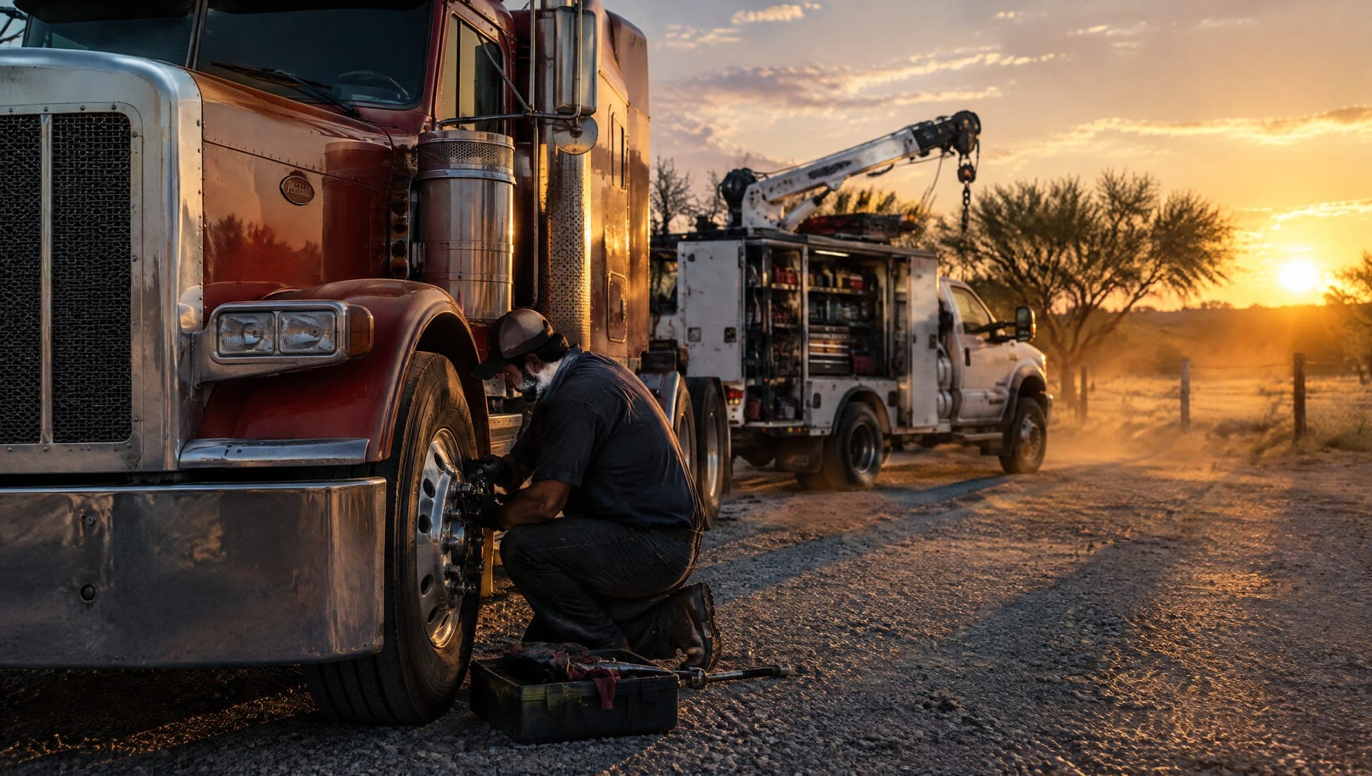 Iron Line mechanic servicing a semi truck on a gravel yard at sunset with the service truck behind