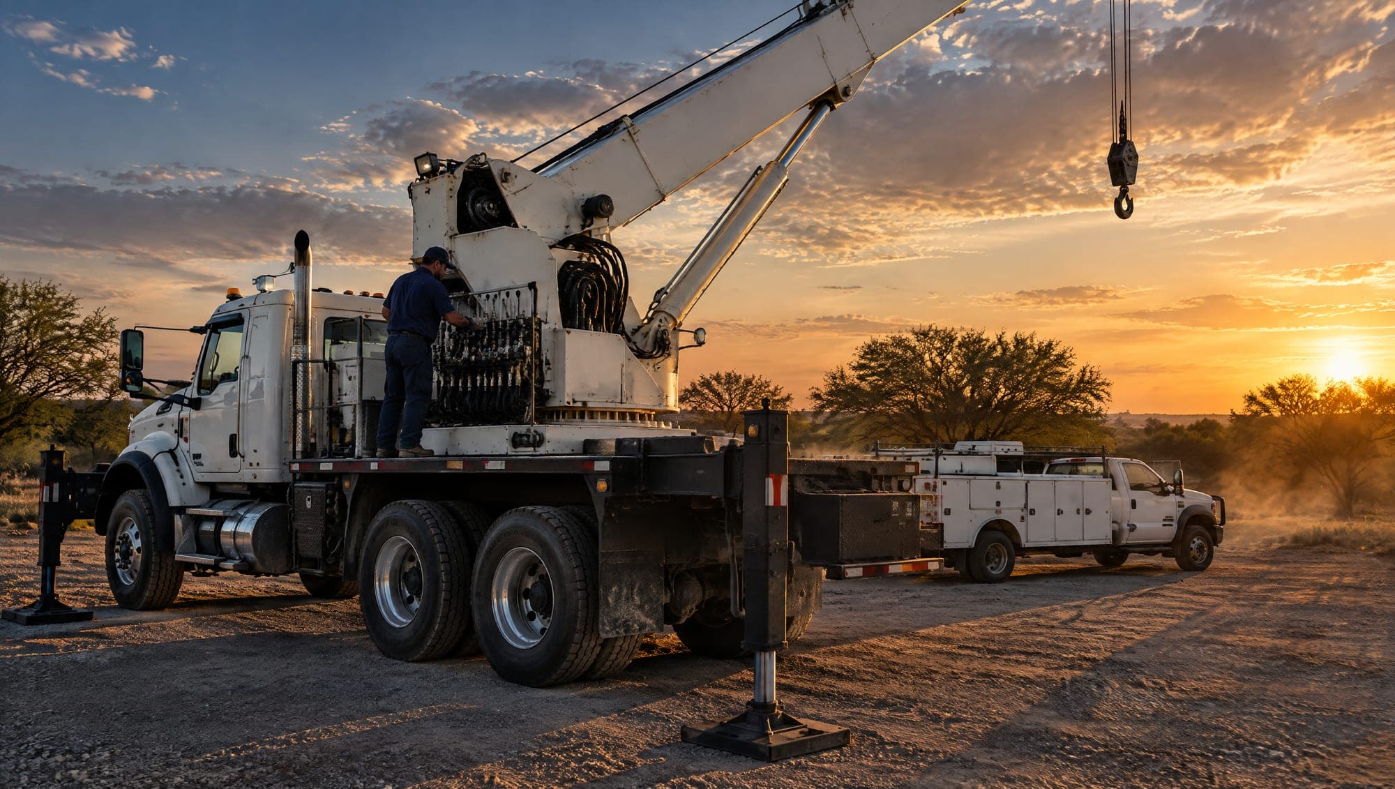 Iron Line technician working at the controls of a boom truck crane at sunset on a Texas job site