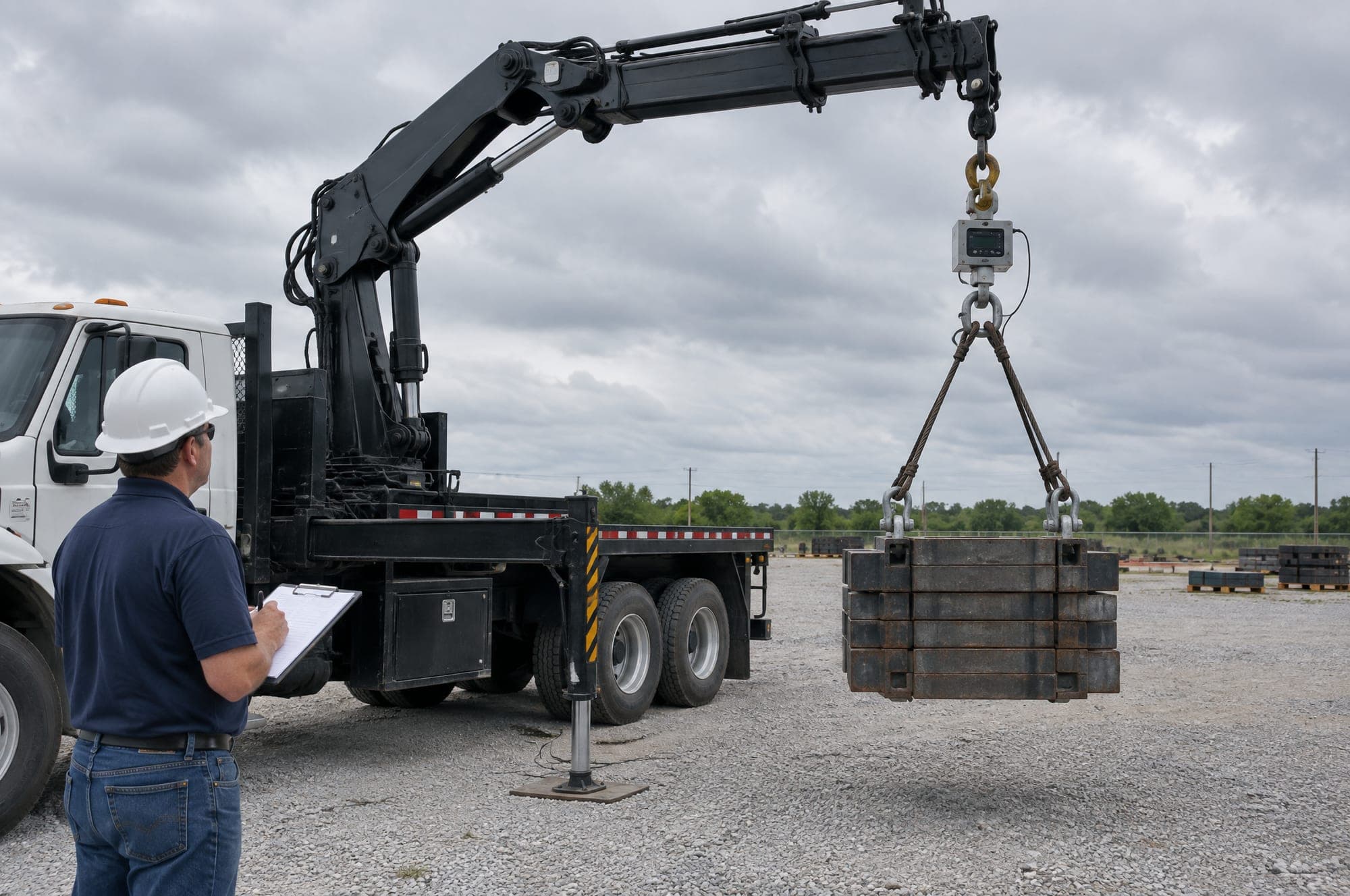 Knuckle-boom crane holding certified test weights during a load test while an inspector watches